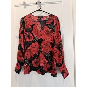 Rachel Zoe Red Rose Floral Blouse Women's S Silky Long Sleeve V-Neck Top